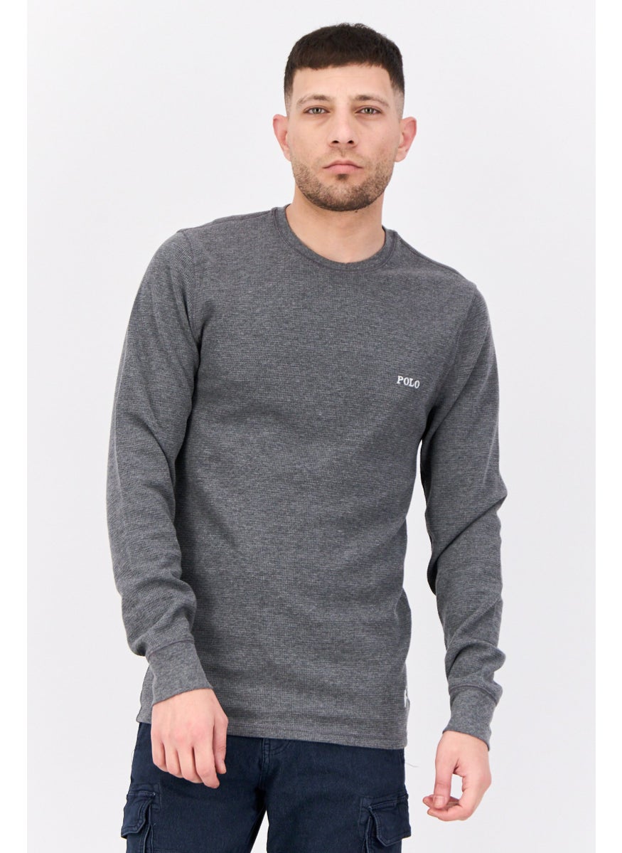 Men Crew Neck Embroidered Logo Long Sleeves Sweatshirt, Grey