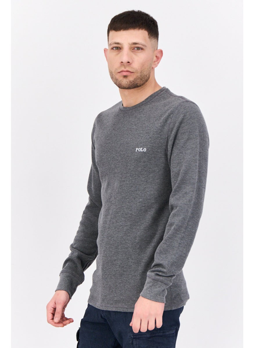 Men Crew Neck Embroidered Logo Long Sleeves Sweatshirt, Grey