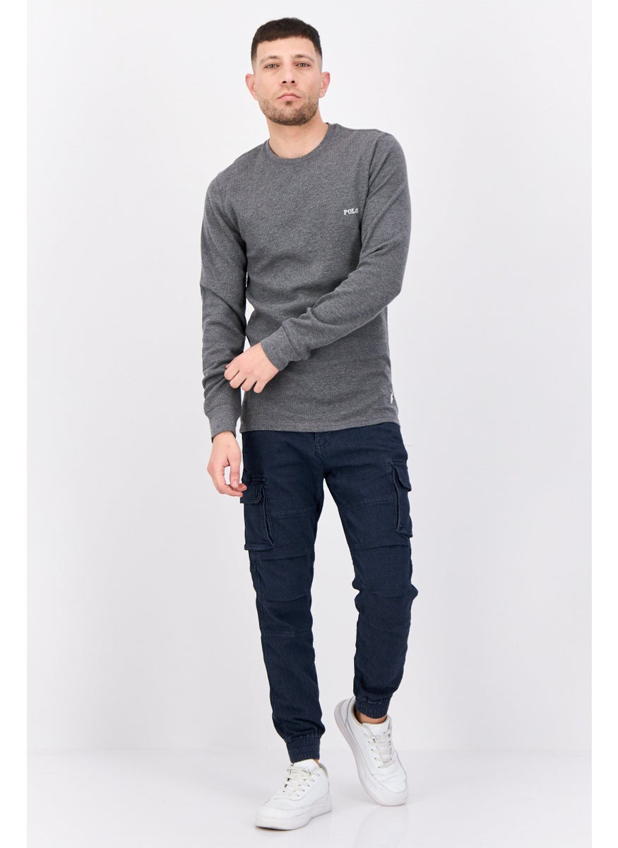 Men Crew Neck Embroidered Logo Long Sleeves Sweatshirt, Grey