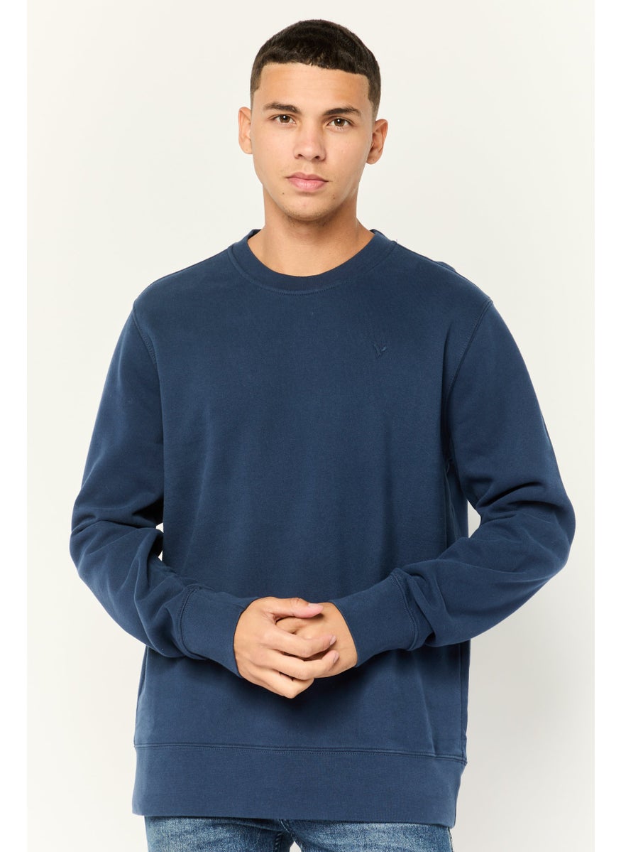 Men Crew Neck Embroidered Logo Long Sleeves Sweatshirt, Navy