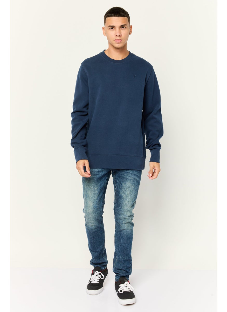 Men Crew Neck Embroidered Logo Long Sleeves Sweatshirt, Navy