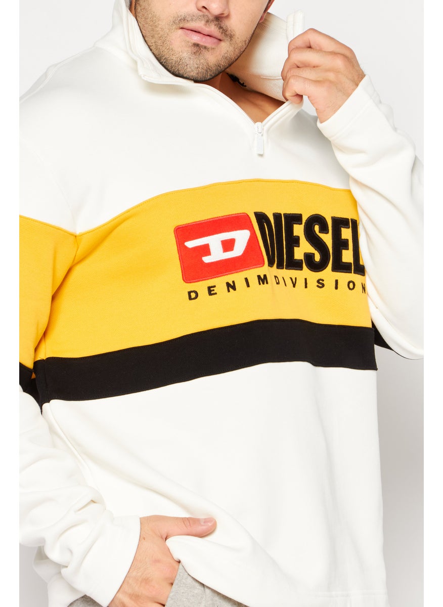 Men High Neck Long Sleeve Embroidered Logo Half Zip Sweatshirt, White