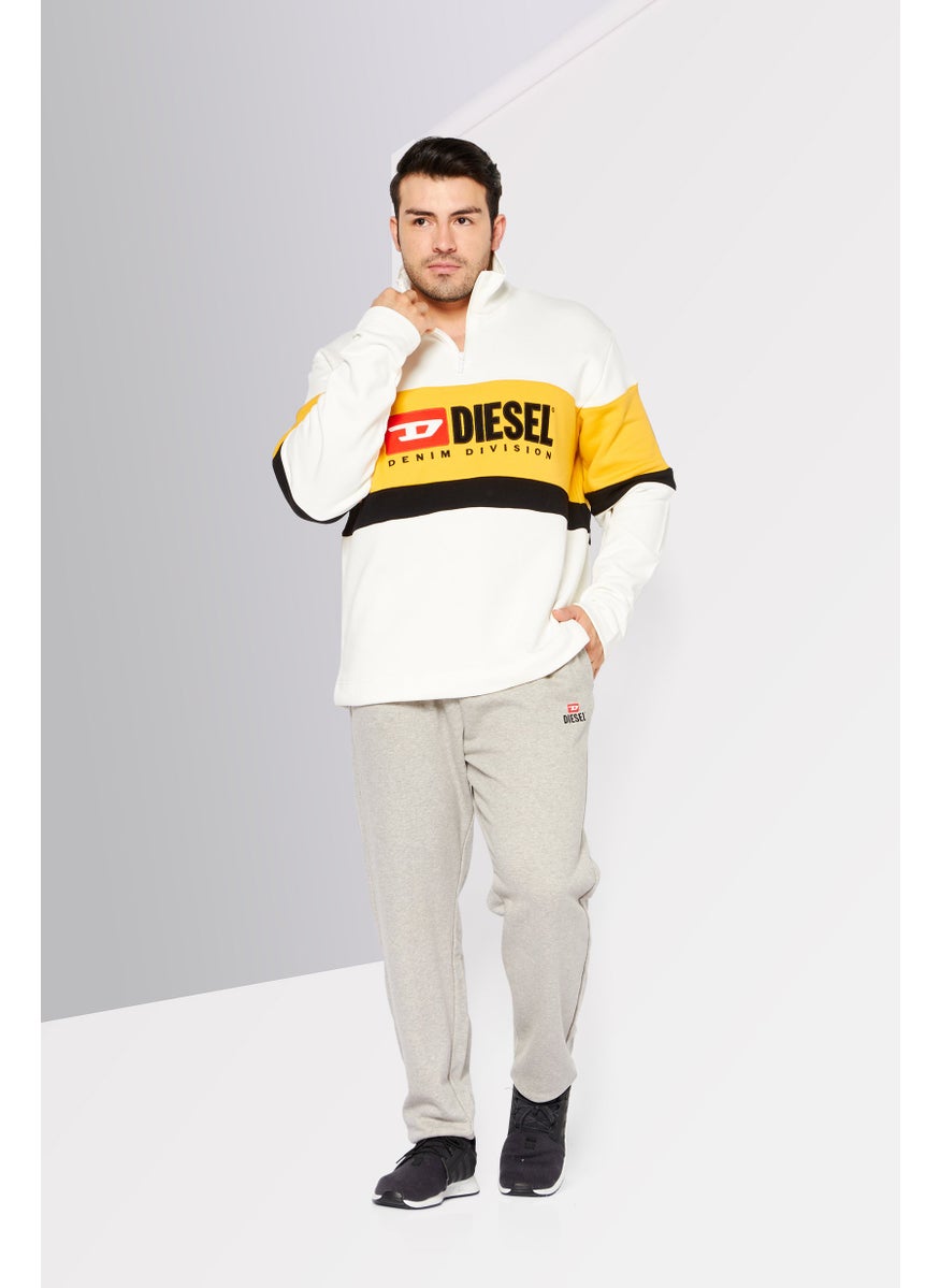 Men High Neck Long Sleeve Embroidered Logo Half Zip Sweatshirt, White