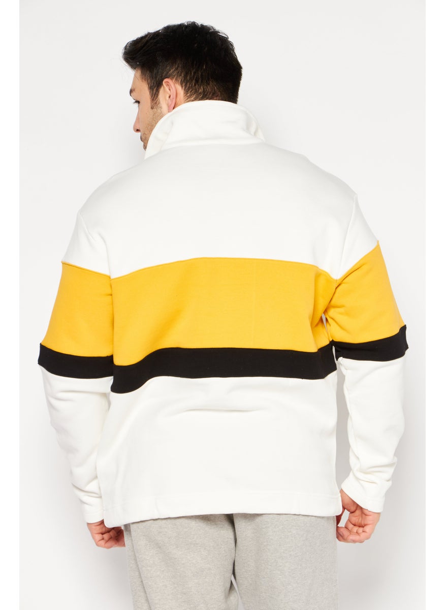 Men High Neck Long Sleeve Embroidered Logo Half Zip Sweatshirt, White