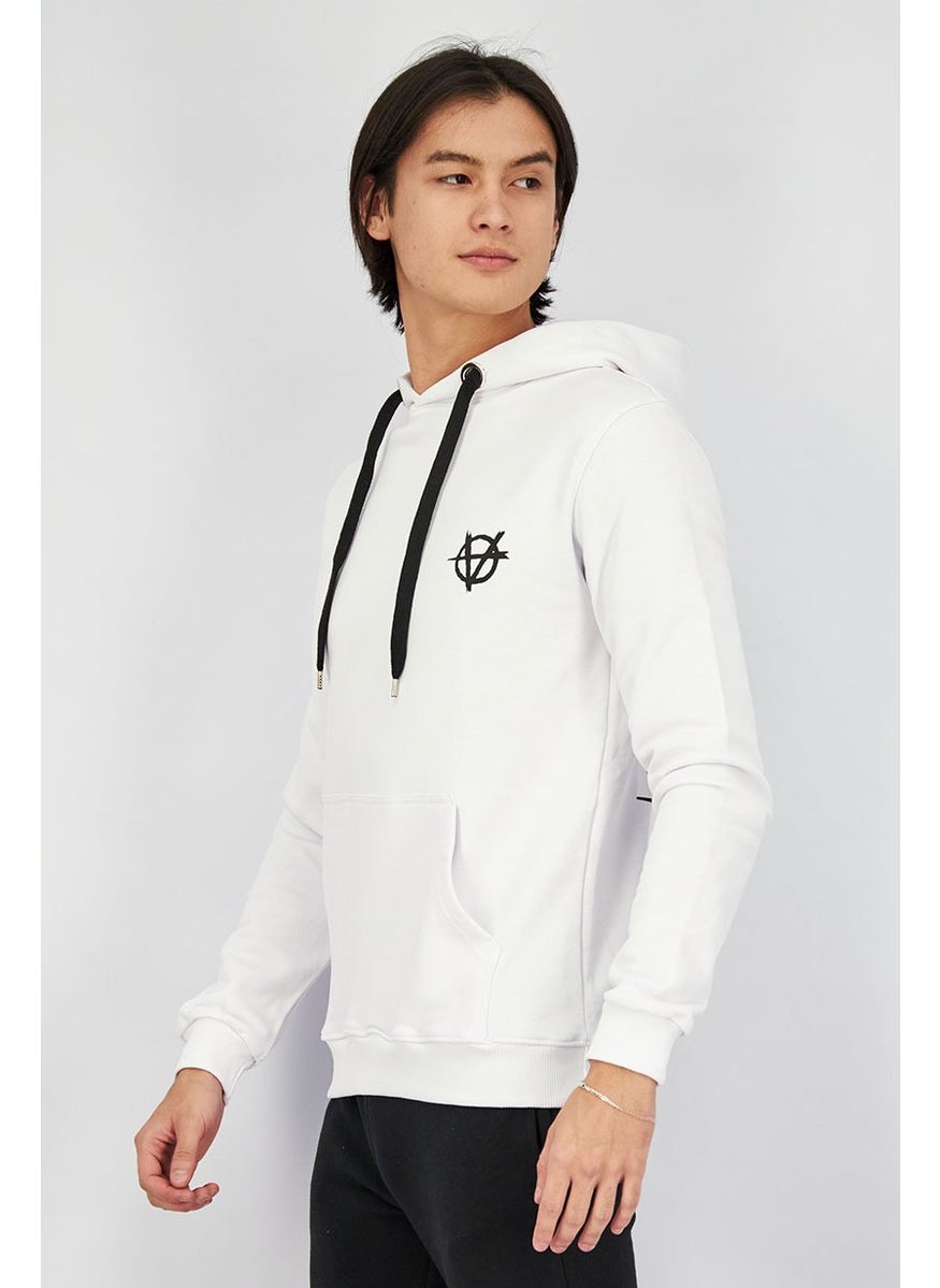 Men Hooded With Drawstring Logo Print Long Sleeve Sweatshirt, White and Black