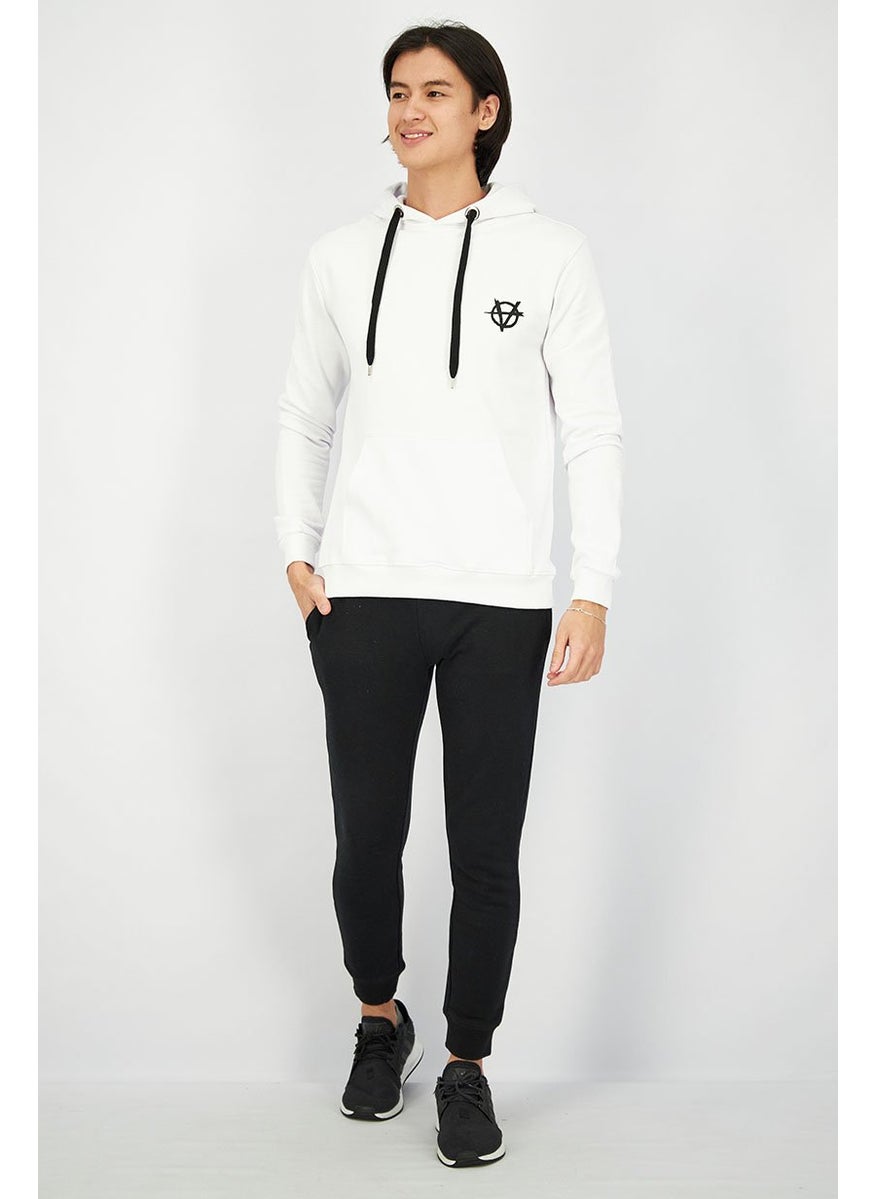 Men Hooded With Drawstring Logo Print Long Sleeve Sweatshirt, White and Black