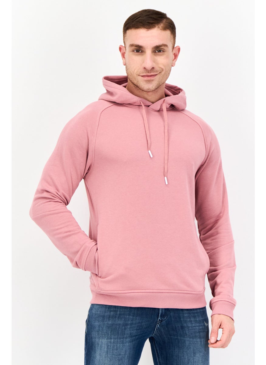 Men Solid Long Sleeves Hooded Sweatshirt, Pink