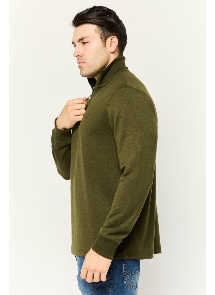 Men Mock Neck Long Sleeve Embroidered Logo Sweatshirt, Forest Green