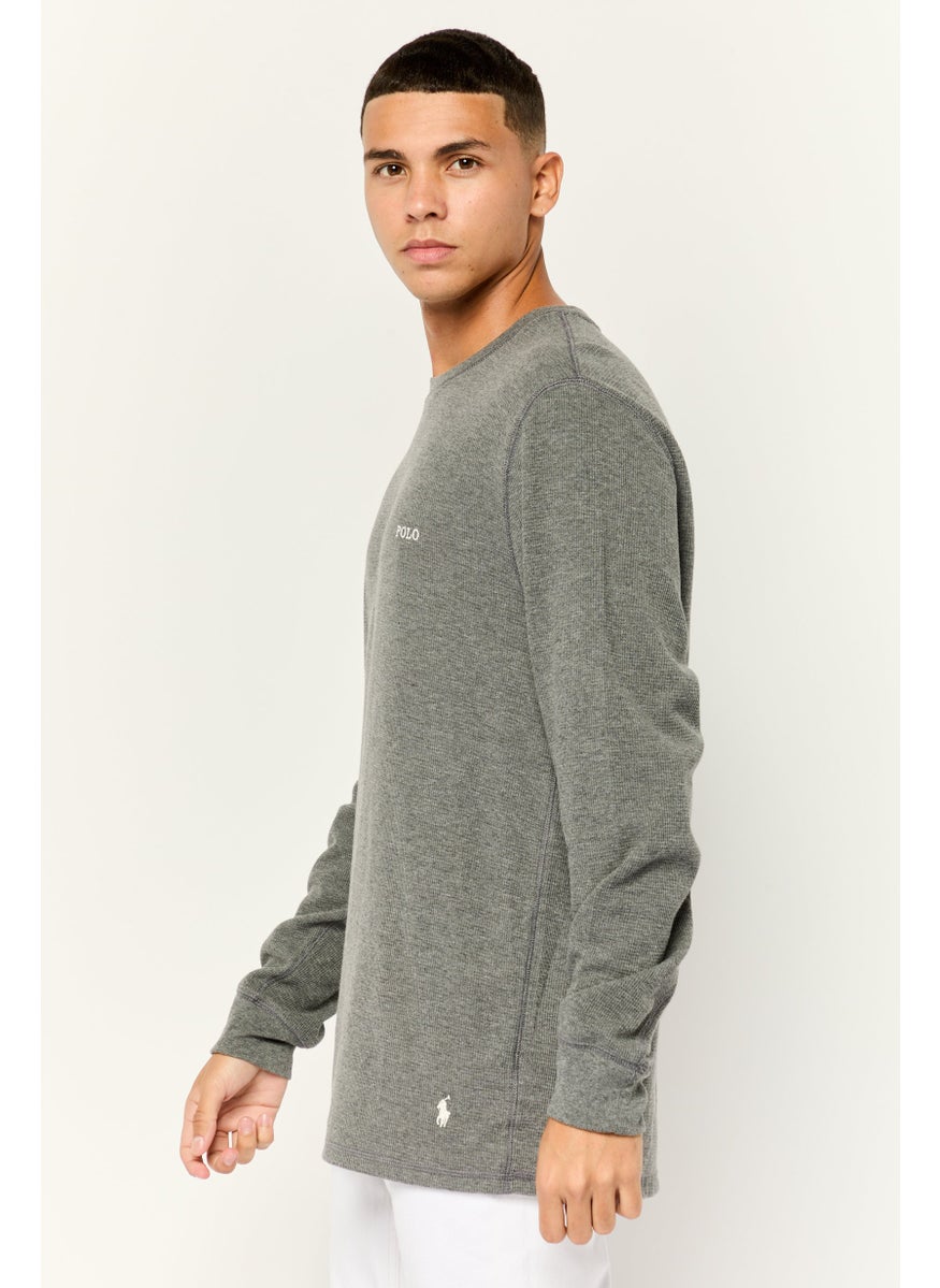Men Crew Neck Embroidered Logo Long Sleeves Sweatshirt, Grey