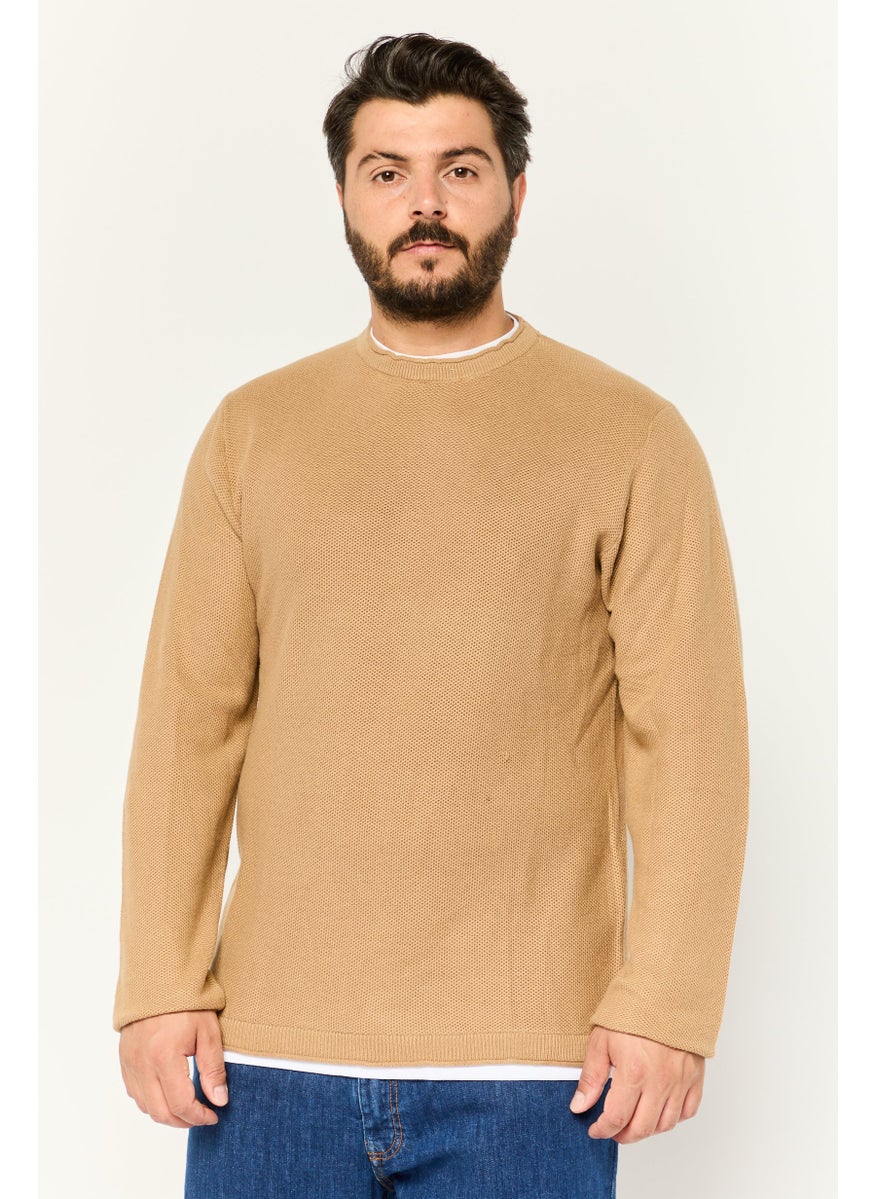 Men Crew Neck Textured Long Sleeves Sweatshirt, Brown