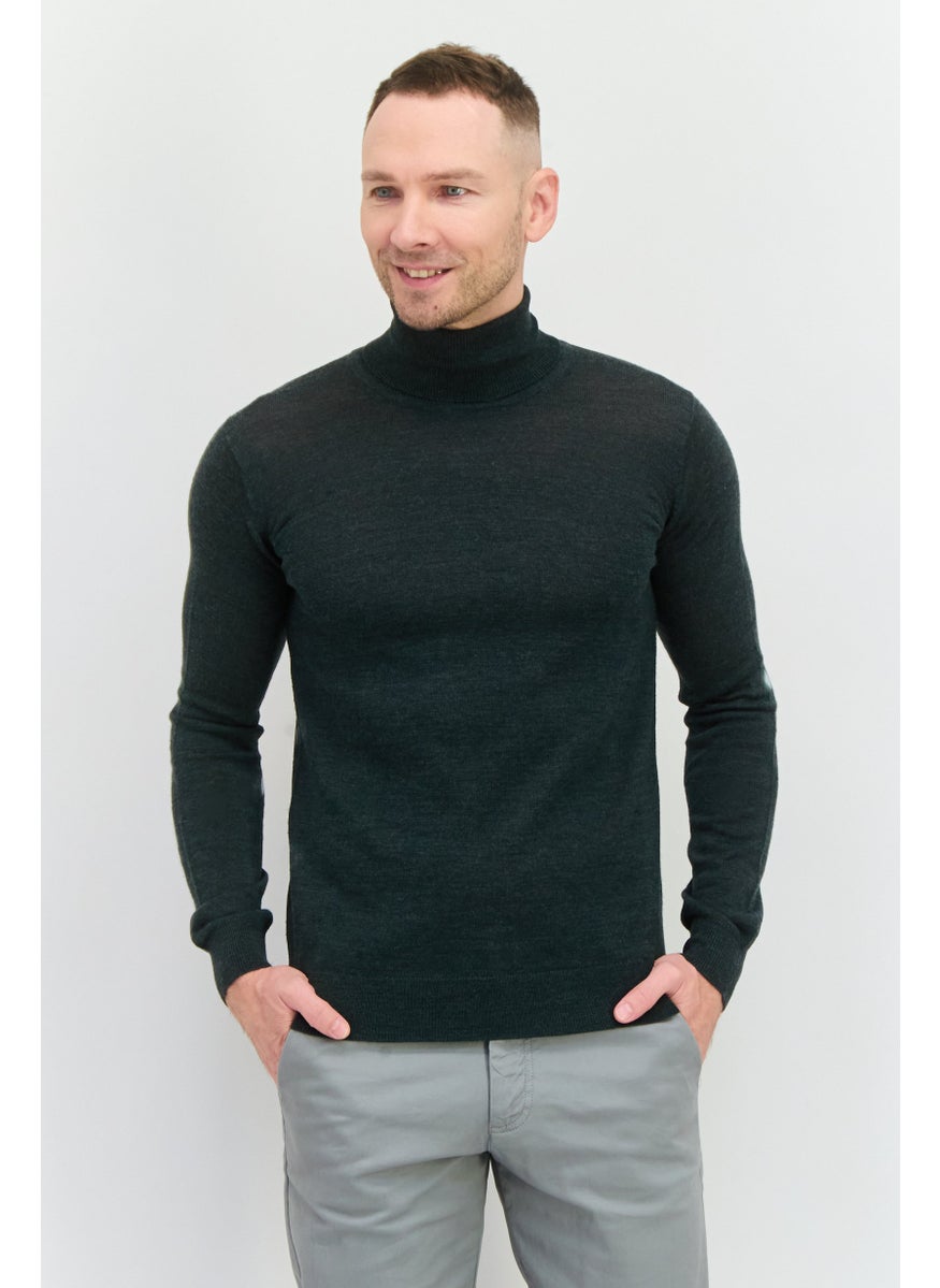 Men Turtle Neck Textured Long Sleeves Sweatshirt, Dark Green
