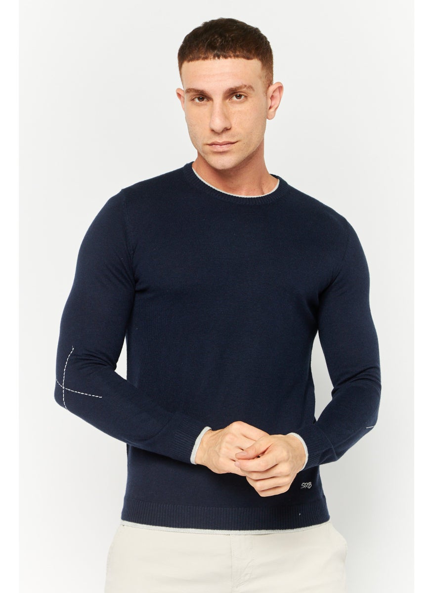 Men Crew Neck Textured Long Sleeves Sweatshirt, Navy