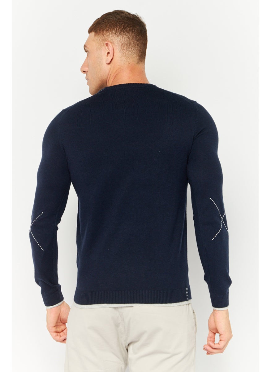 Men Crew Neck Textured Long Sleeves Sweatshirt, Navy