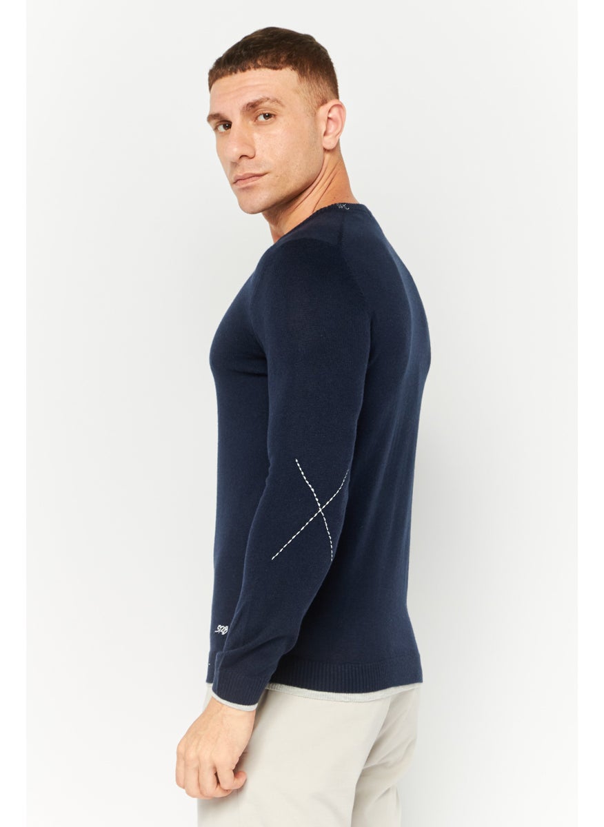 Men Crew Neck Textured Long Sleeves Sweatshirt, Navy
