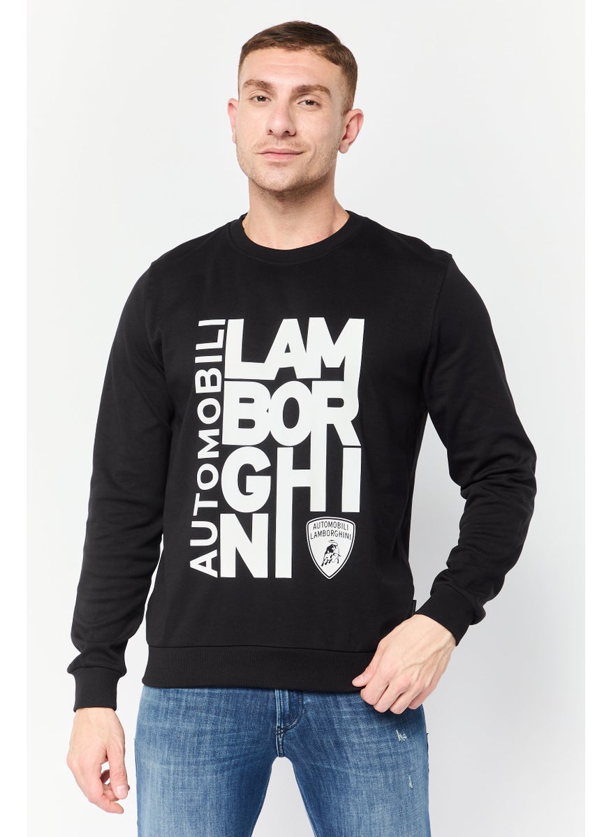Men Crew Neck Graphic Print Long Sleeves Sweatshirt, Black