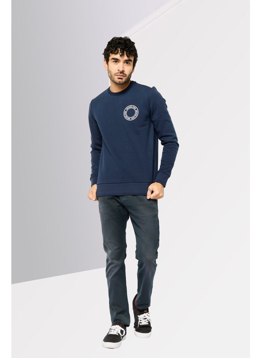 Men Crew Neck Brand Logo Long Sleeves Sweatshirt, Navy