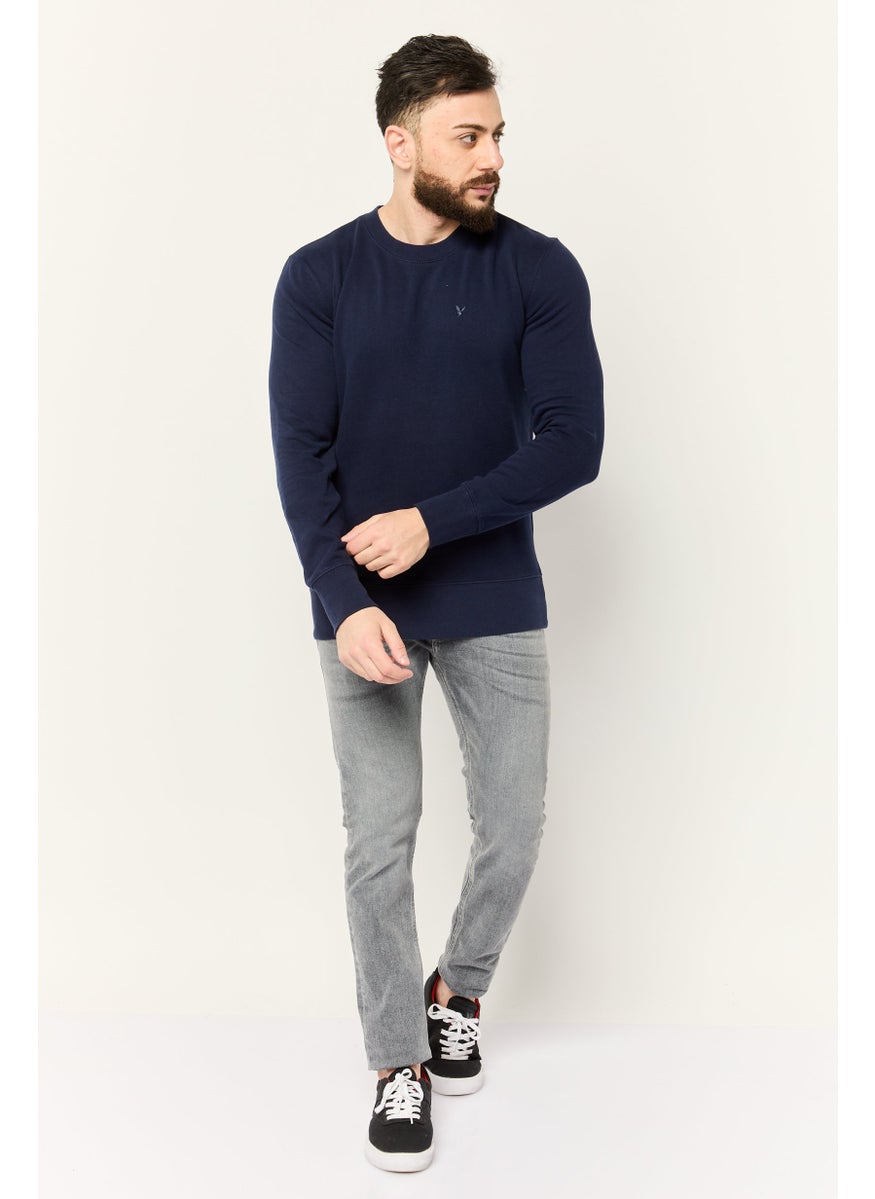 Men Crew Neck Embroidered Logo Long Sleeves Sweatshirt, Dark Navy