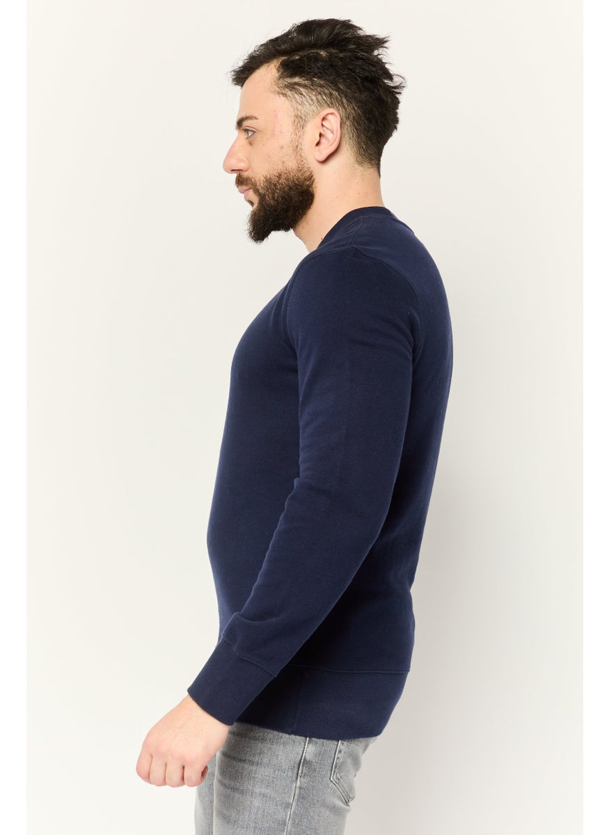 Men Crew Neck Embroidered Logo Long Sleeves Sweatshirt, Dark Navy