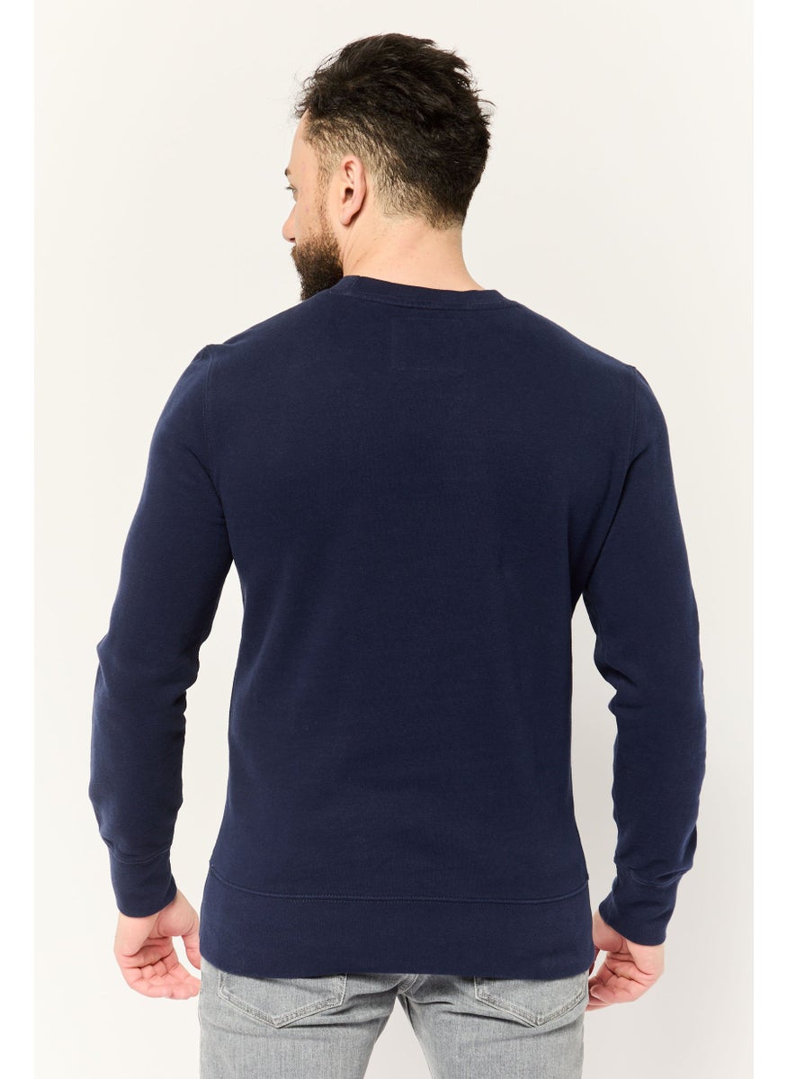 Men Crew Neck Embroidered Logo Long Sleeves Sweatshirt, Dark Navy