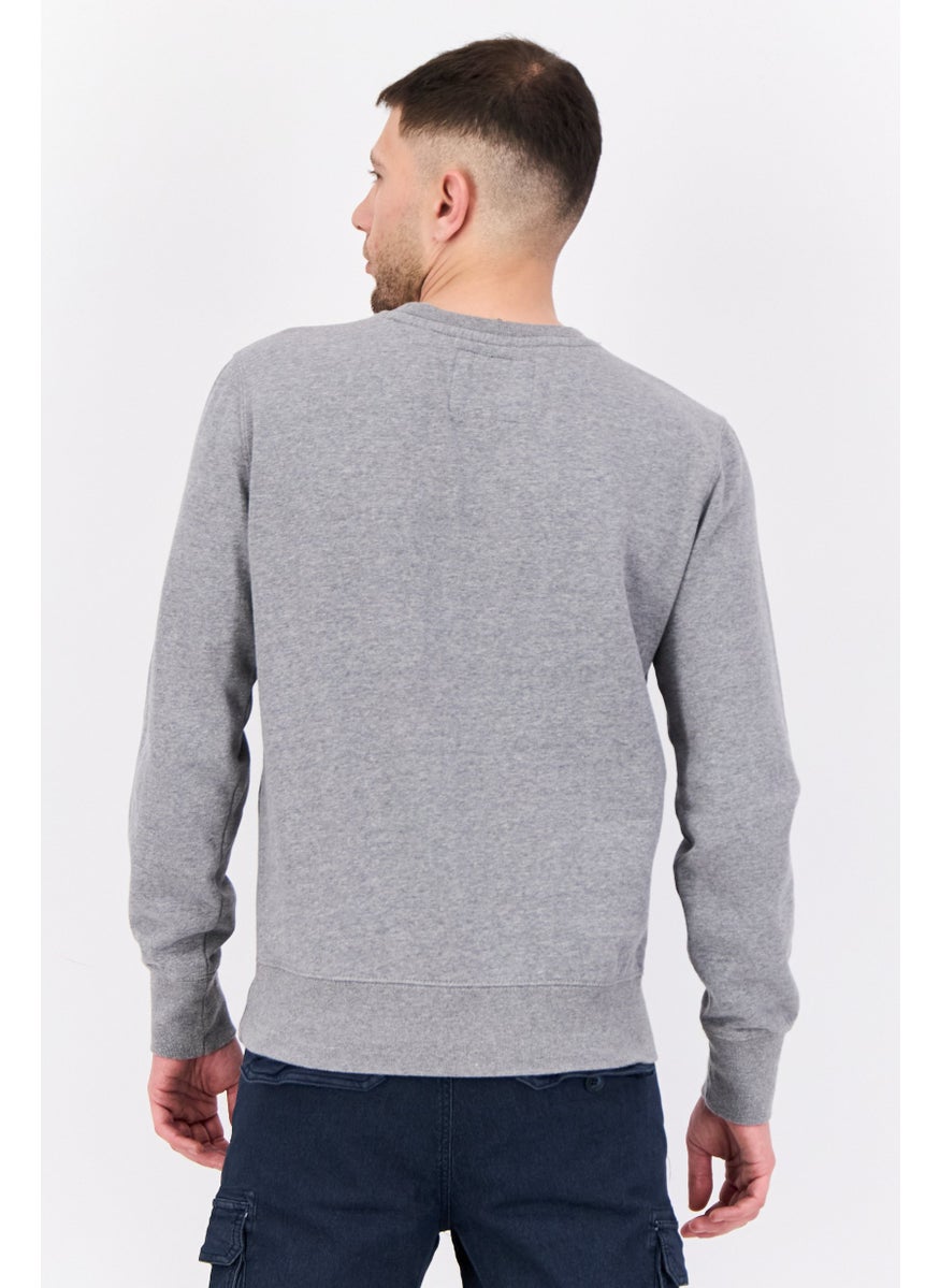 Men Crew Neck Embraided Logo Long Sleeves Sweatshirt, Grey