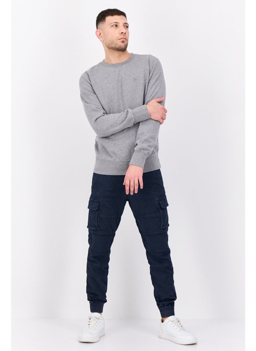 Men Crew Neck Embraided Logo Long Sleeves Sweatshirt, Grey