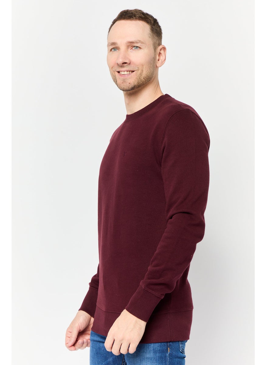 Men Crew Neck Embroidered Logo Long Sleeves Sweatshirt, Maroon