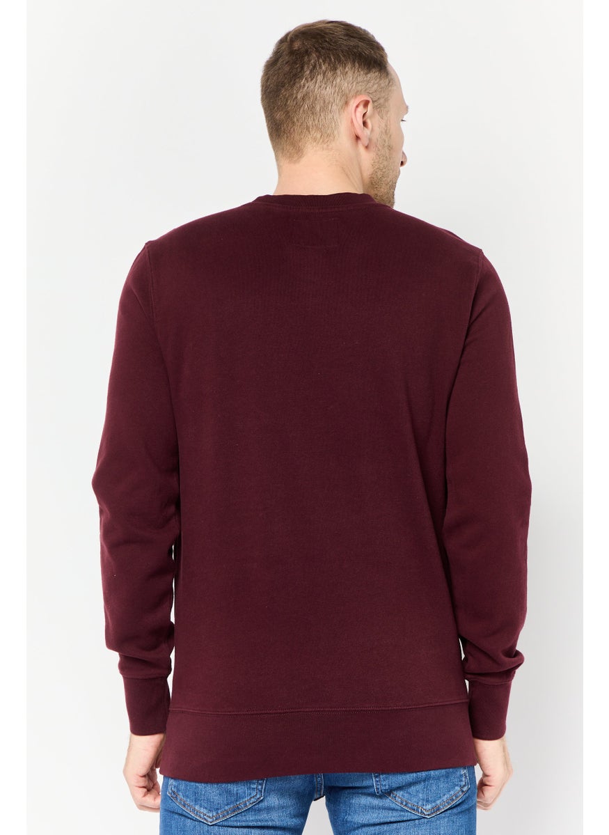 Men Crew Neck Embroidered Logo Long Sleeves Sweatshirt, Maroon