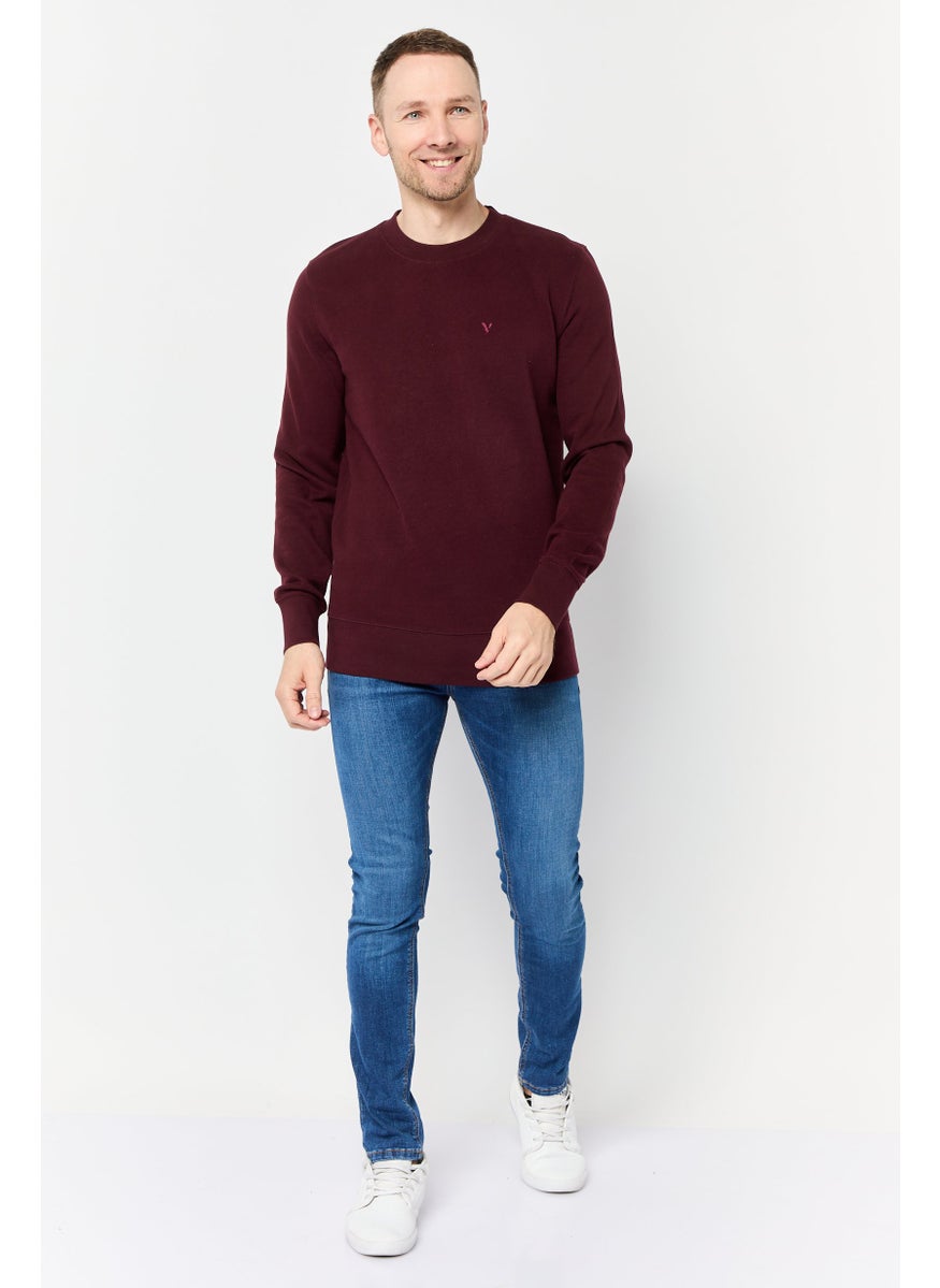 Men Crew Neck Embroidered Logo Long Sleeves Sweatshirt, Maroon