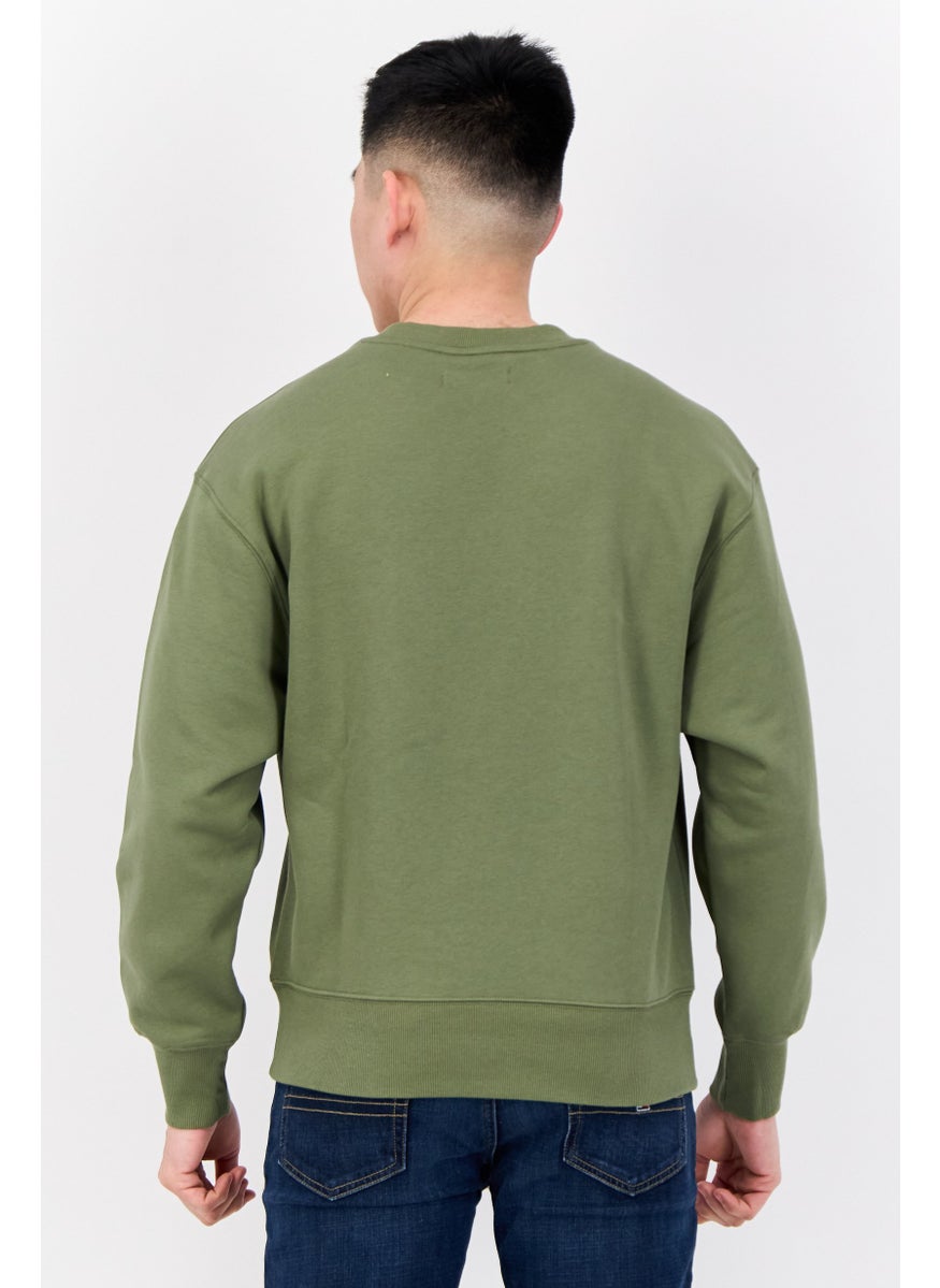 Men Crew Neck Long Sleeves Brand Logo Sweatshirts, Olive