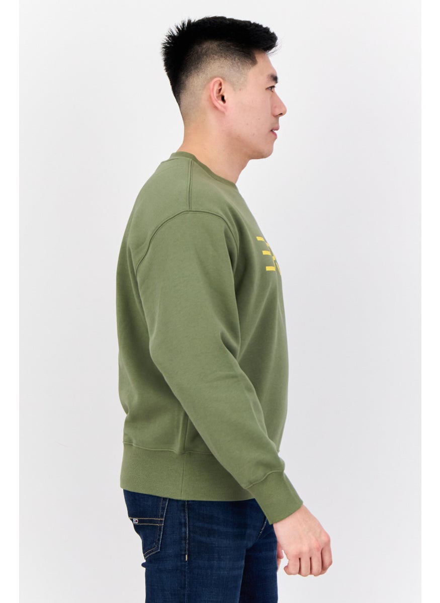 Men Crew Neck Long Sleeves Brand Logo Sweatshirts, Olive