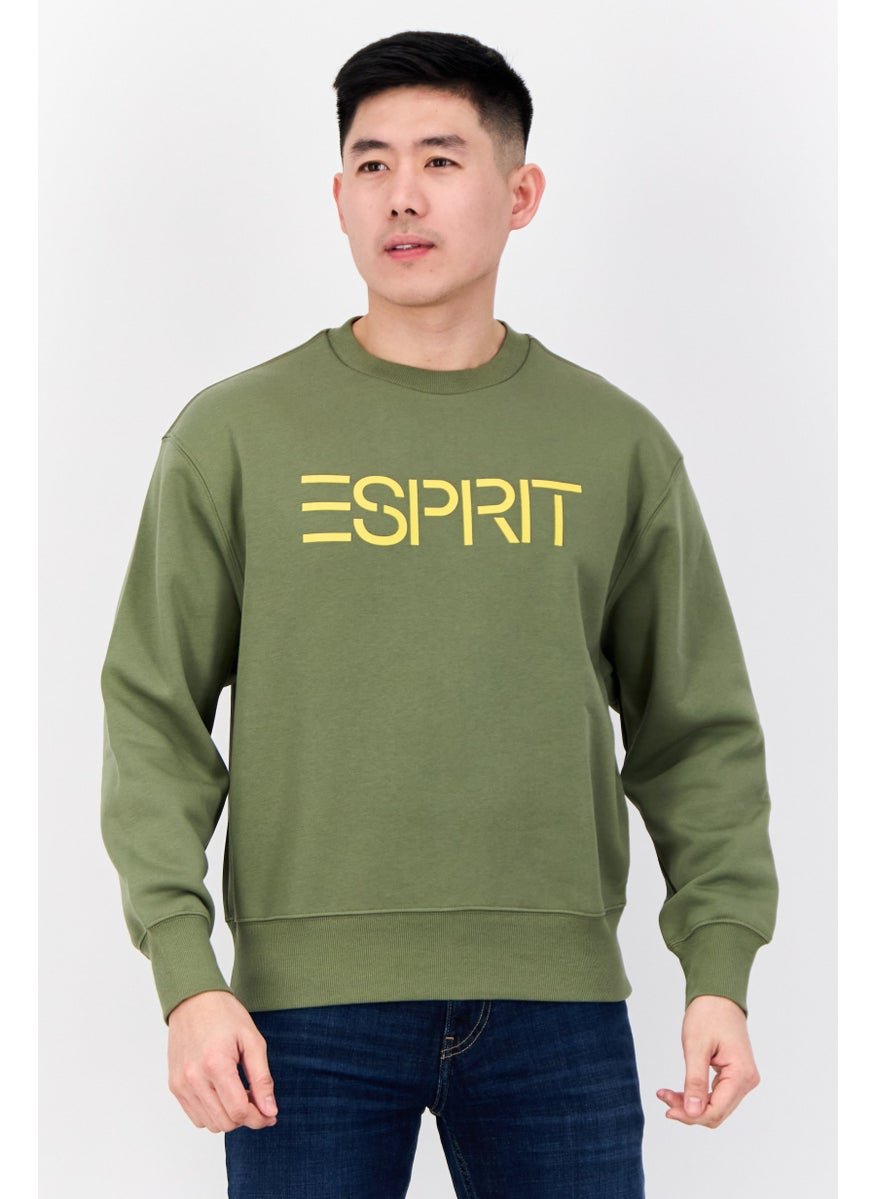 Men Crew Neck Long Sleeves Brand Logo Sweatshirts, Olive