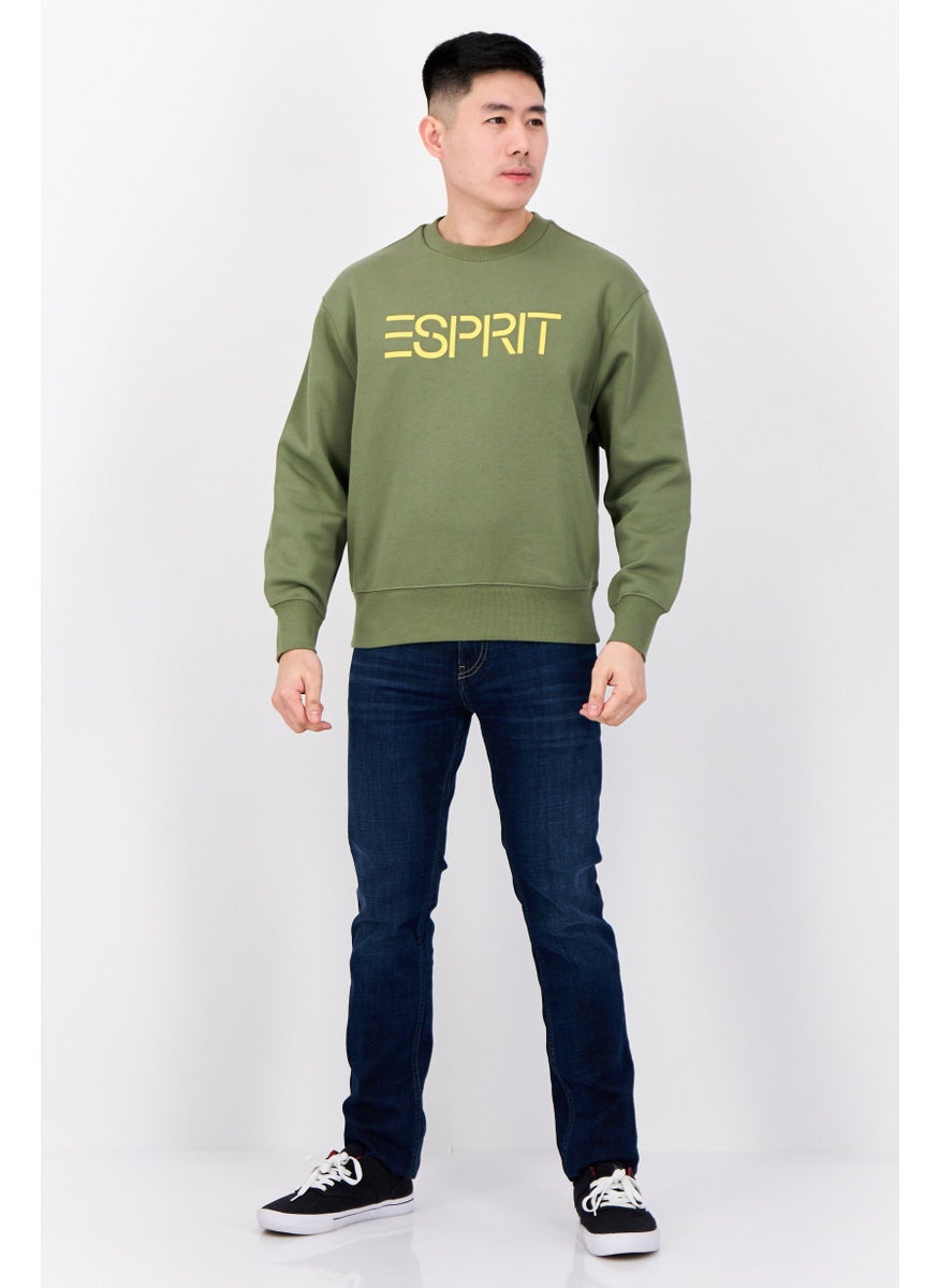 Men Crew Neck Long Sleeves Brand Logo Sweatshirts, Olive