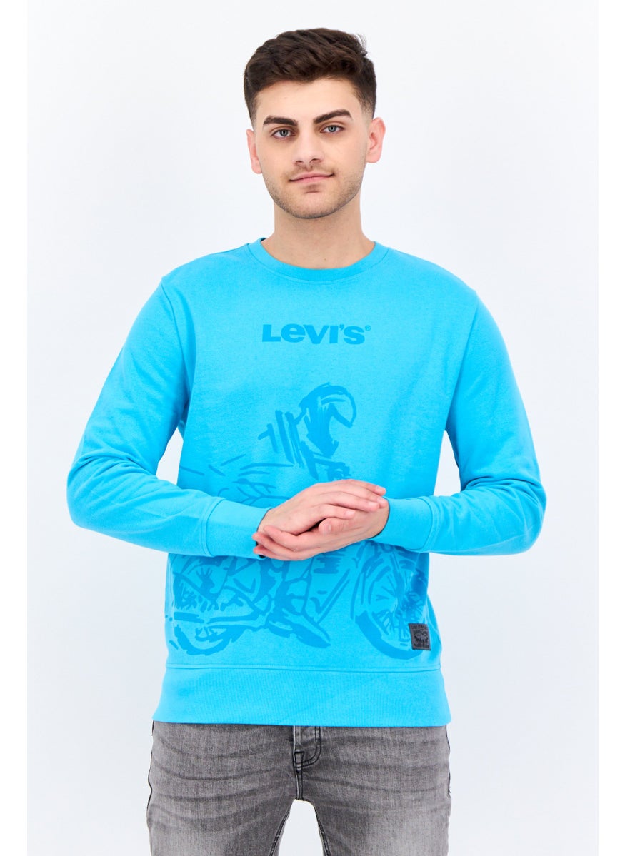 Men Crew Neck Long Sleeves Brand Logo Sweatshirt, Light Blue