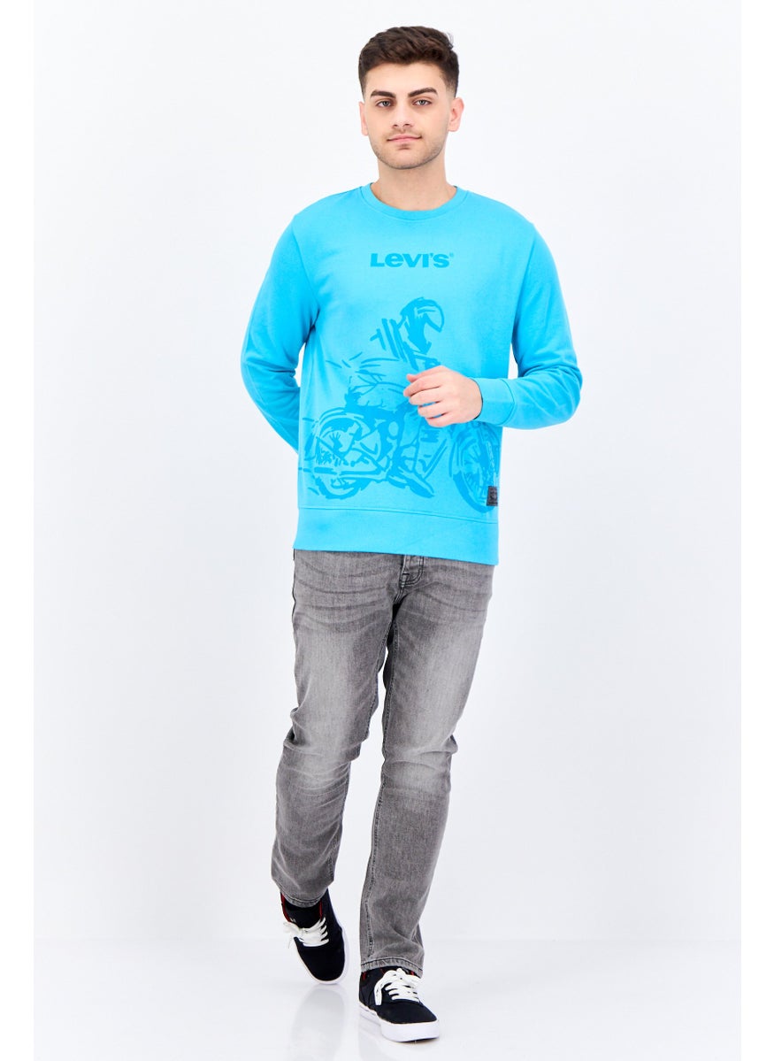 Men Crew Neck Long Sleeves Brand Logo Sweatshirt, Light Blue
