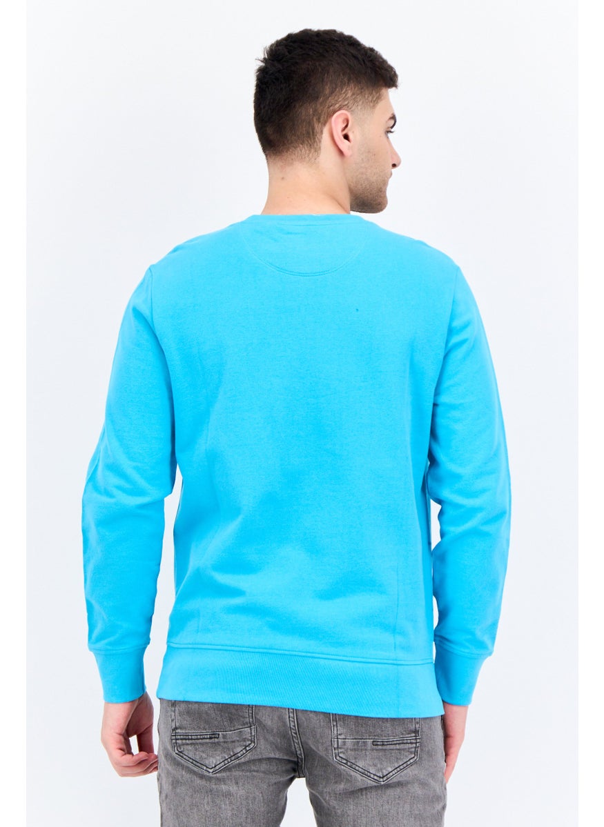 Men Crew Neck Long Sleeves Brand Logo Sweatshirt, Light Blue
