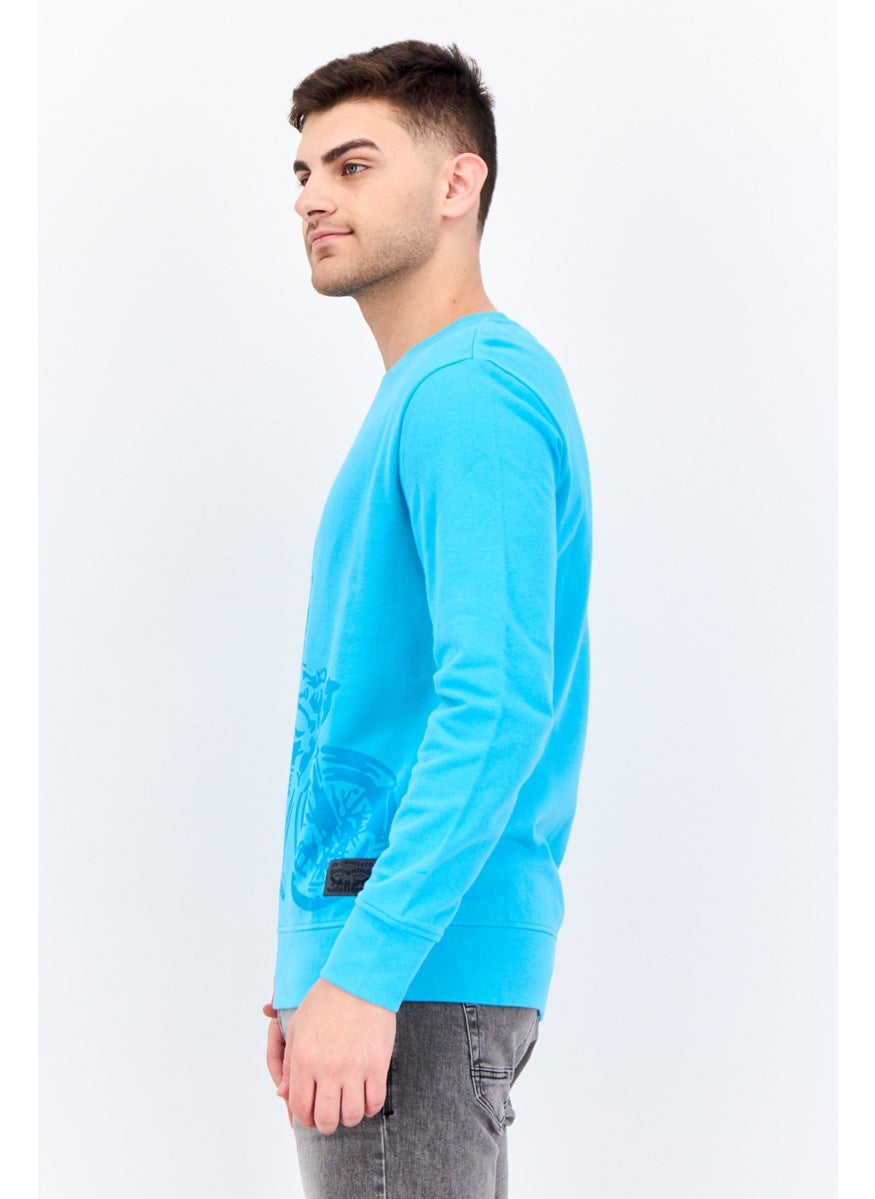 Men Crew Neck Long Sleeves Brand Logo Sweatshirt, Light Blue