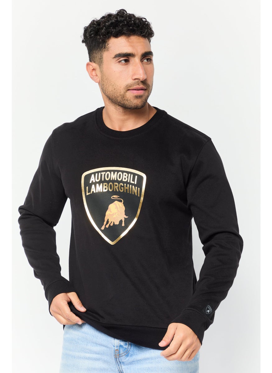 Men Crew Neck Brand Logo Sweatshirt, Black
