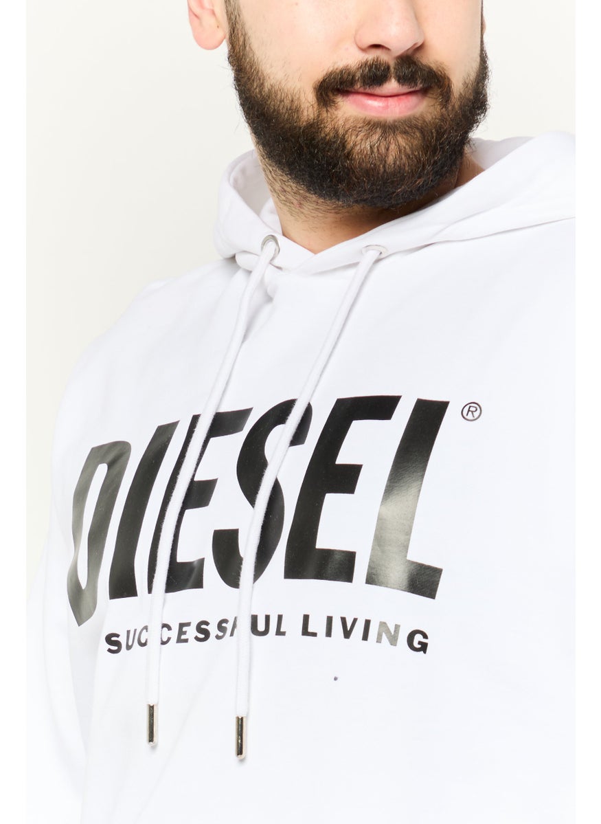 Men Hood With Drawstring Long Sleeve Brand Logo Sweatshirts, White