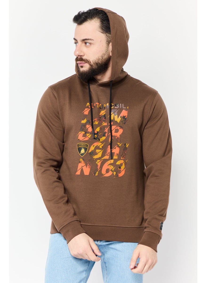Men Graphic Print Long Sleeves Hoodie, Dark Brown