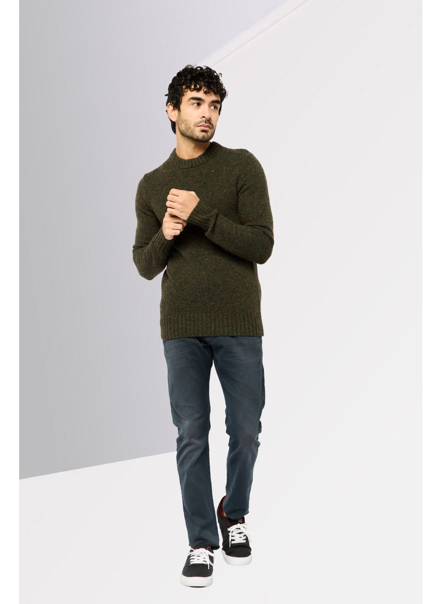 Men Crew Neck Textured Long Sleeve Sweater, Dark Olive