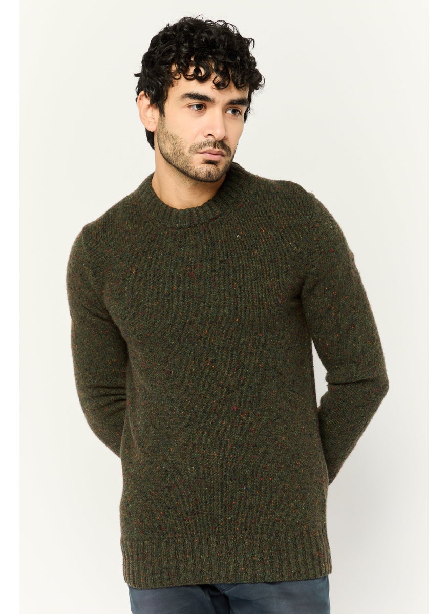 Men Crew Neck Textured Long Sleeve Sweater, Dark Olive