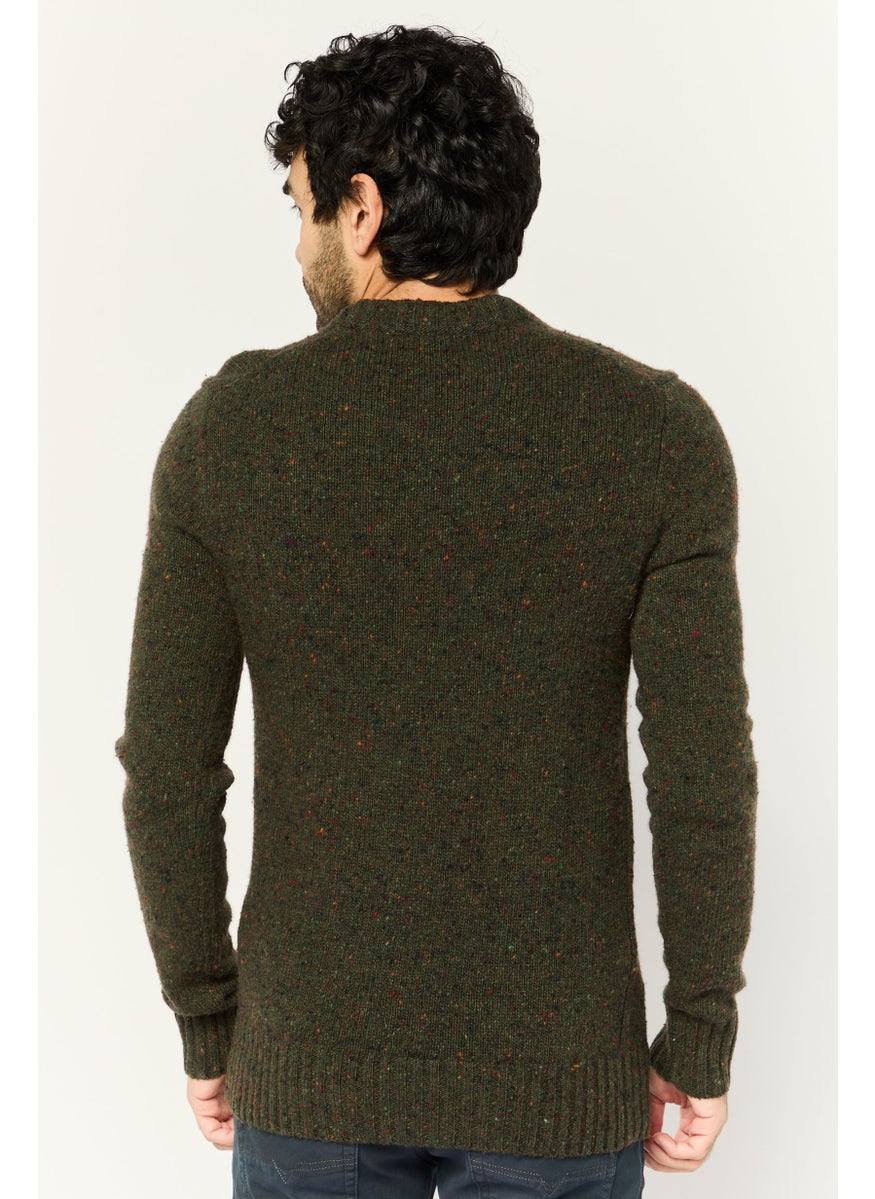 Men Crew Neck Textured Long Sleeve Sweater, Dark Olive