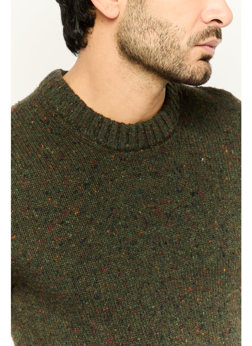 Men Crew Neck Textured Long Sleeve Sweater, Dark Olive