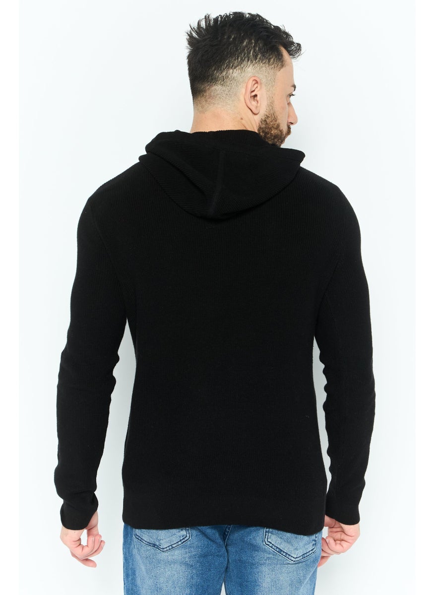 Men Hooded Embroidered Logo Sweater, Black