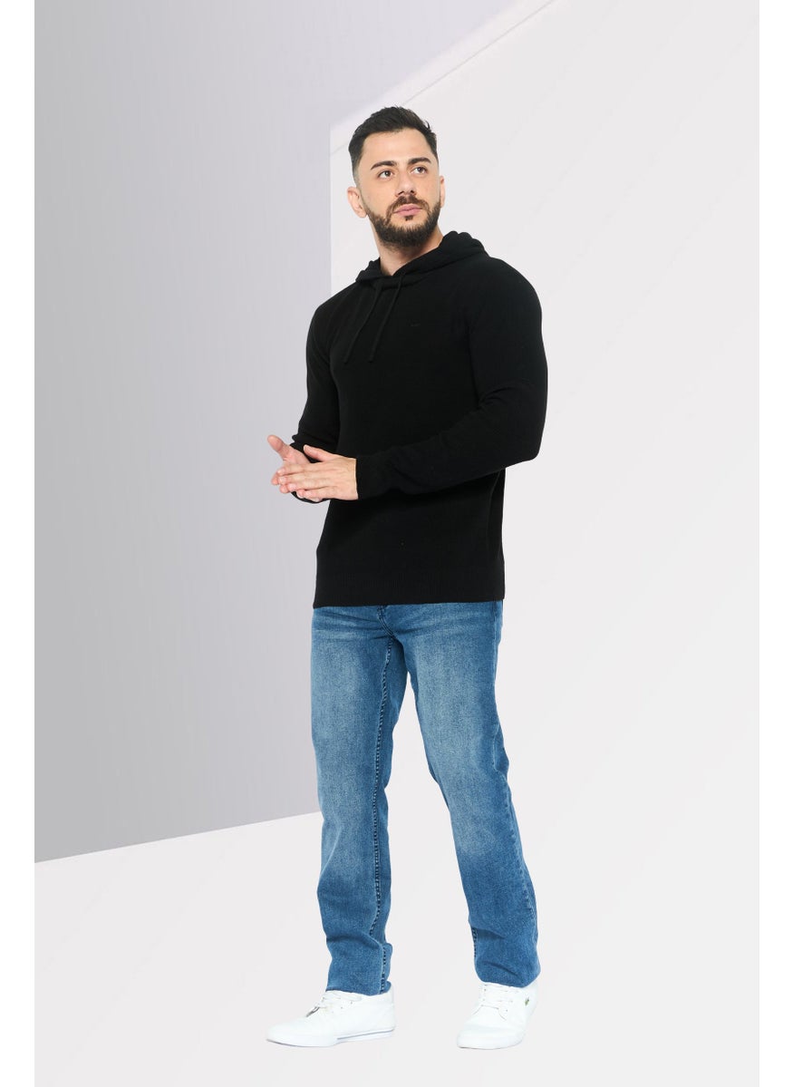 Men Hooded Embroidered Logo Sweater, Black