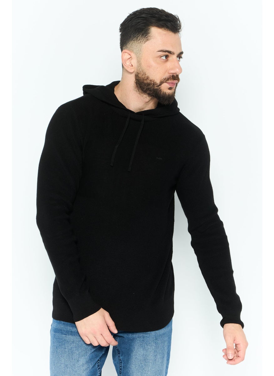 Men Hooded Embroidered Logo Sweater, Black