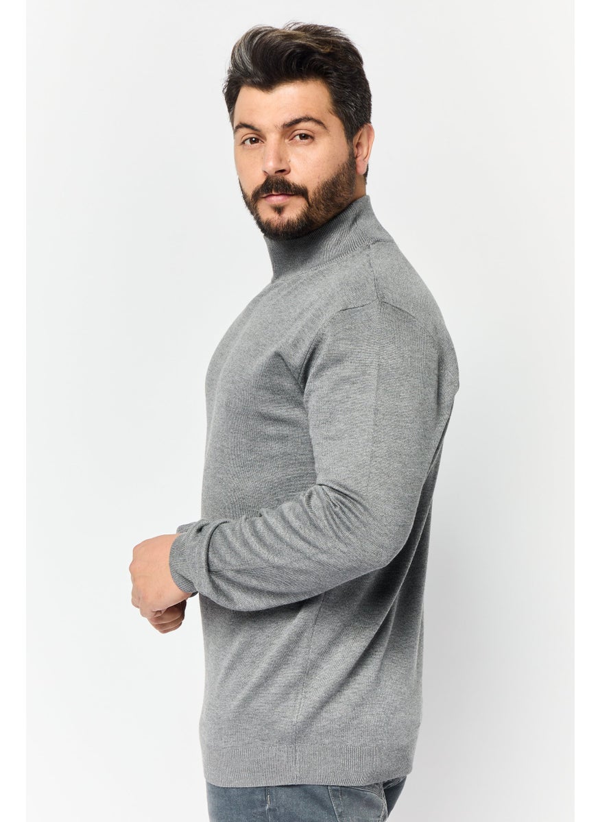Men High Neck Knitted Sweater, Grey
