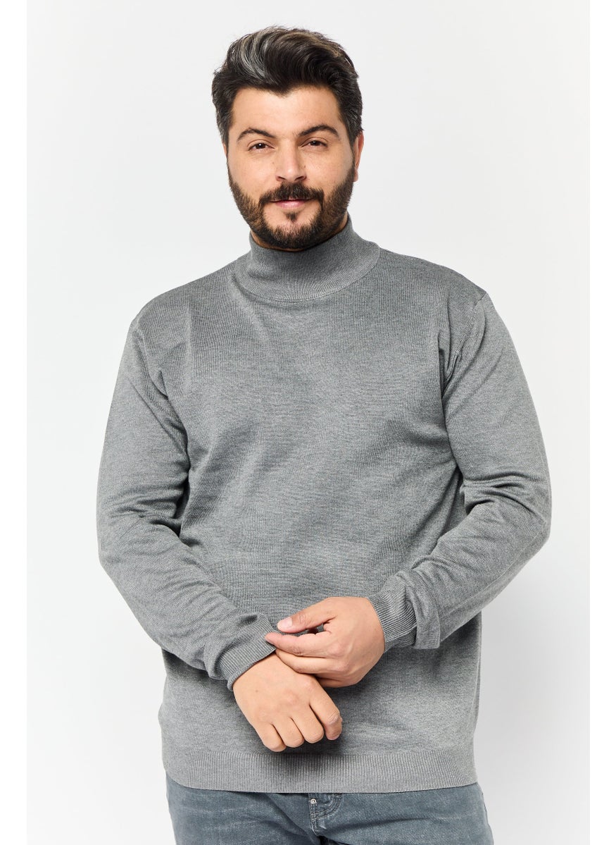 Men High Neck Knitted Sweater, Grey