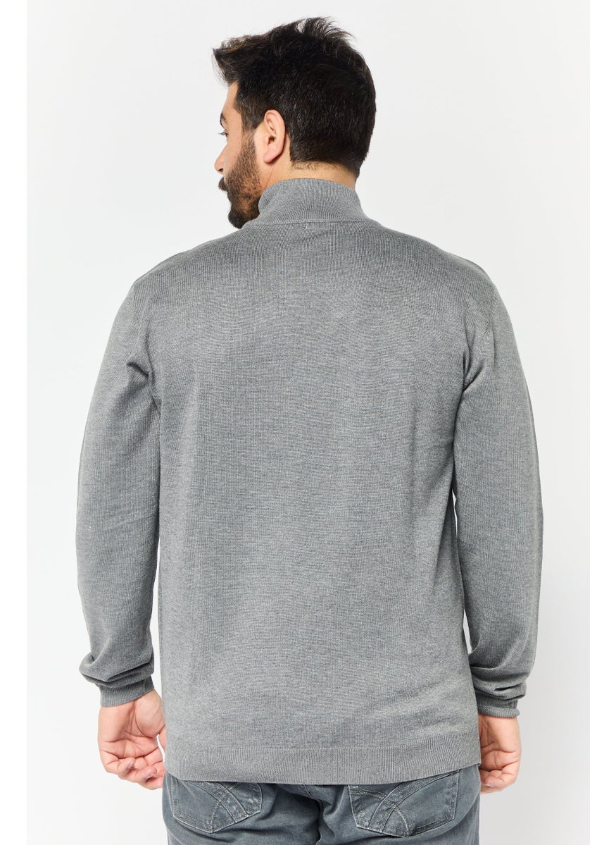 Men High Neck Knitted Sweater, Grey
