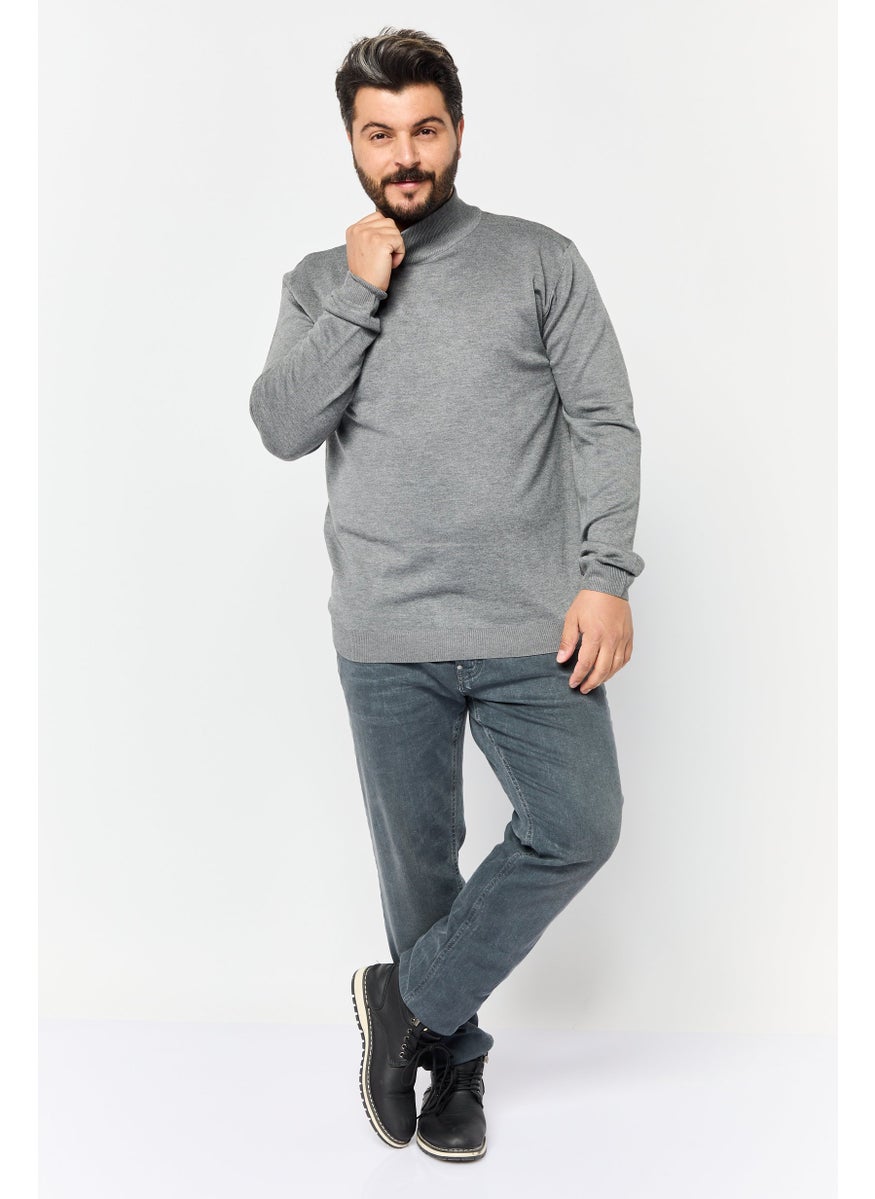 Men High Neck Knitted Sweater, Grey